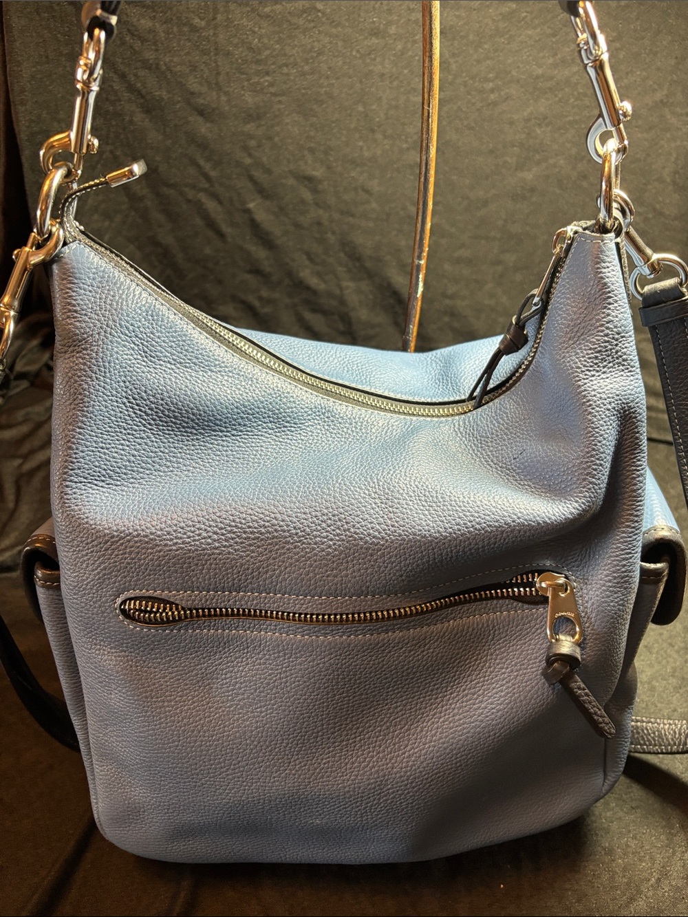 Pebbled Coach Leather Shoulder Bag in Light Blue with Front Zip
